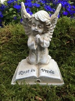 Engel in gebed op boek met tekst &lsquo;Rust in Vrede