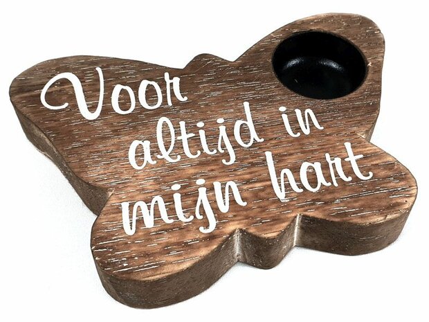 Houten vlinder waxinelichthouder met tekst Voor altijd in mijn hart